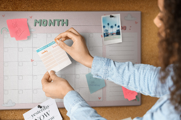 Tablero de anuncios con diseño de calendario rosa, nubes y corazones
