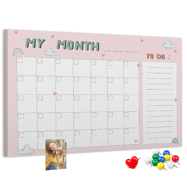 Tablero de anuncios con diseño de calendario rosa, nubes y corazones