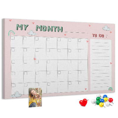 Tablero de anuncios con diseño de calendario rosa, nubes y corazones