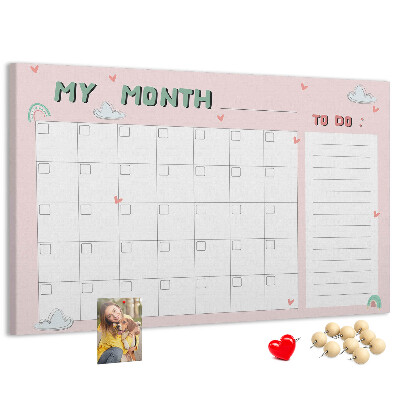 Tablero de anuncios con diseño de calendario rosa, nubes y corazones