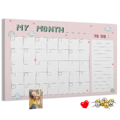 Tablero de anuncios con diseño de calendario rosa, nubes y corazones