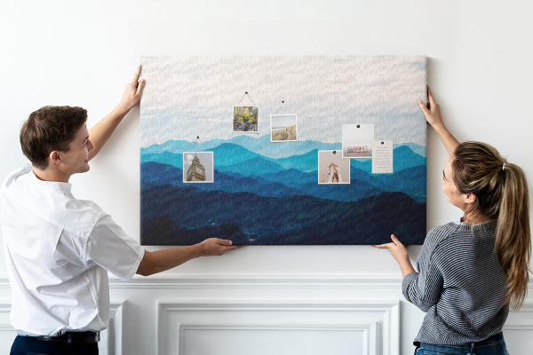 Tablero de corcho decorado diseño de paisaje de montaña en tonos azules