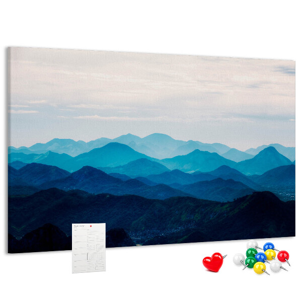 Tablero de corcho decorado diseño de paisaje de montaña en tonos azules
