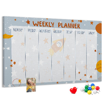 Tablero de anuncios horario semanal cósmico con diseño de estrellas