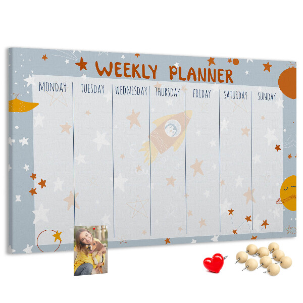 Tablero de anuncios horario semanal cósmico con diseño de estrellas