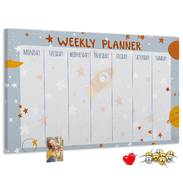 Tablero de anuncios horario semanal cósmico con diseño de estrellas