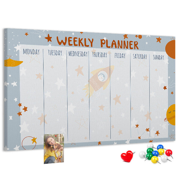 Tablero de anuncios horario semanal cósmico con diseño de estrellas
