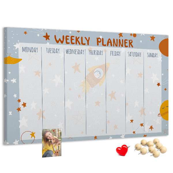 Tablero de anuncios horario semanal cósmico con diseño de estrellas