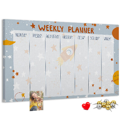 Tablero de anuncios horario semanal cósmico con diseño de estrellas