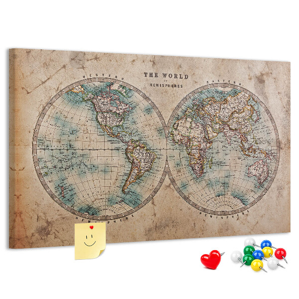 Tablero de corcho decorativo mapa del mundo antiguo con contornos de colores