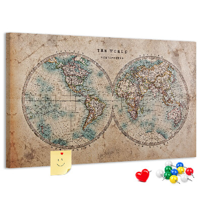 Tablero de corcho decorado Mapa del mundo antiguo con contornos de colores.