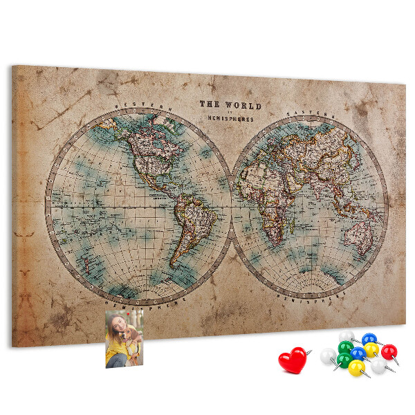 Tablero de corcho decorativo mapa del mundo antiguo con contornos de colores