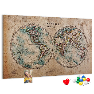 Tablero de corcho decorativo mapa del mundo antiguo con contornos de colores