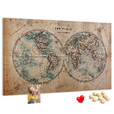 Tablero de corcho decorativo mapa del mundo antiguo con contornos de colores
