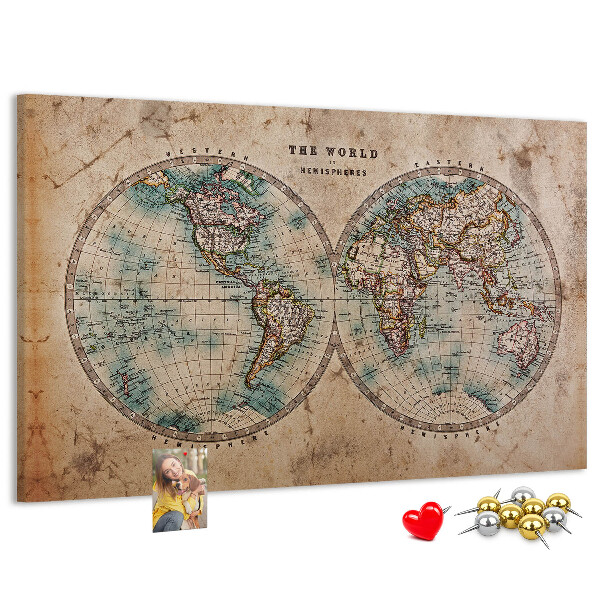 Tablero de corcho decorativo mapa del mundo antiguo con contornos de colores