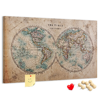 Tablero de corcho decorativo mapa del mundo antiguo con contornos de colores