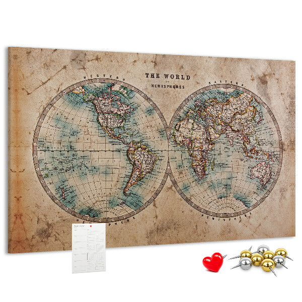 Tablero de corcho decorativo mapa del mundo antiguo con contornos de colores