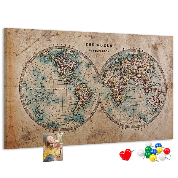 Tablero de corcho decorativo mapa del mundo antiguo con contornos de colores