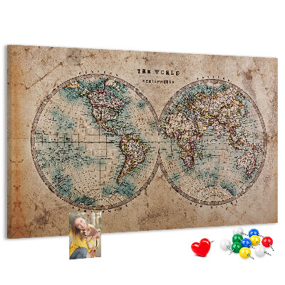 Tablero de corcho decorativo mapa del mundo antiguo con contornos de colores