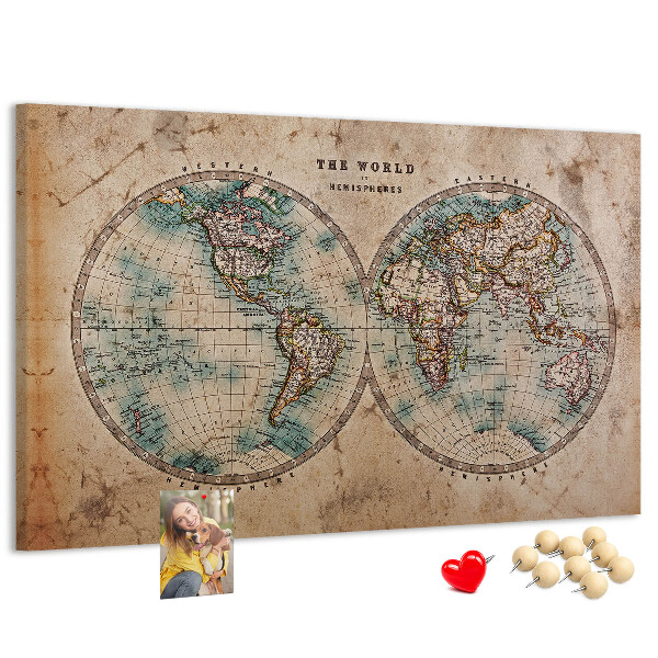 Tablero de corcho decorativo mapa del mundo antiguo con contornos de colores
