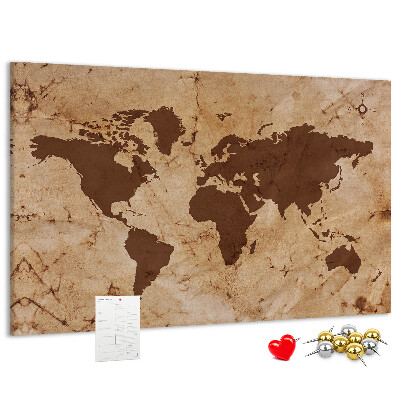 Pizarra de corcho con mapa del mundo antiguo sobre fondo marrón