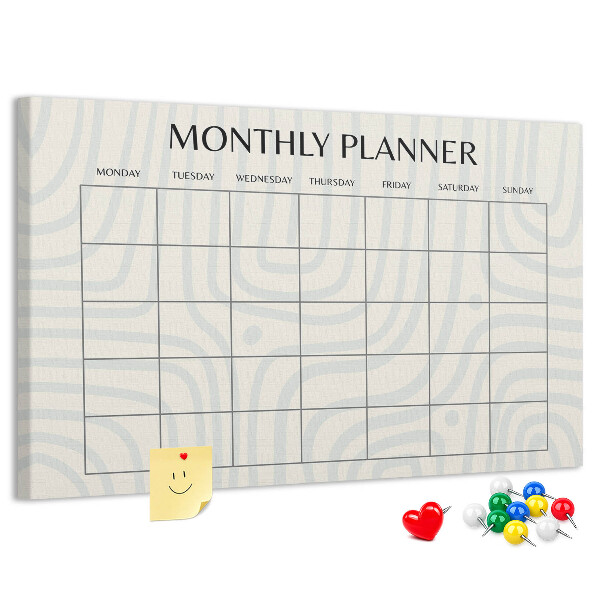 Tablero de corcho decorado agenda mensual con diseño minimalista