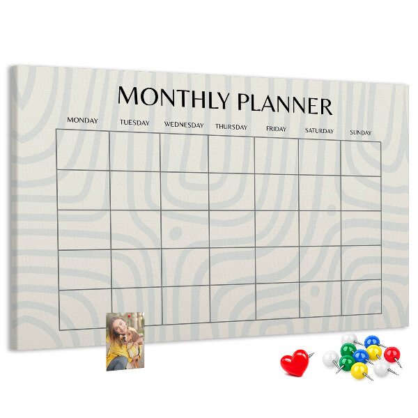 Tablero de corcho decorado agenda mensual con diseño minimalista