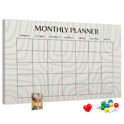 Tablero de corcho decorado agenda mensual con diseño minimalista