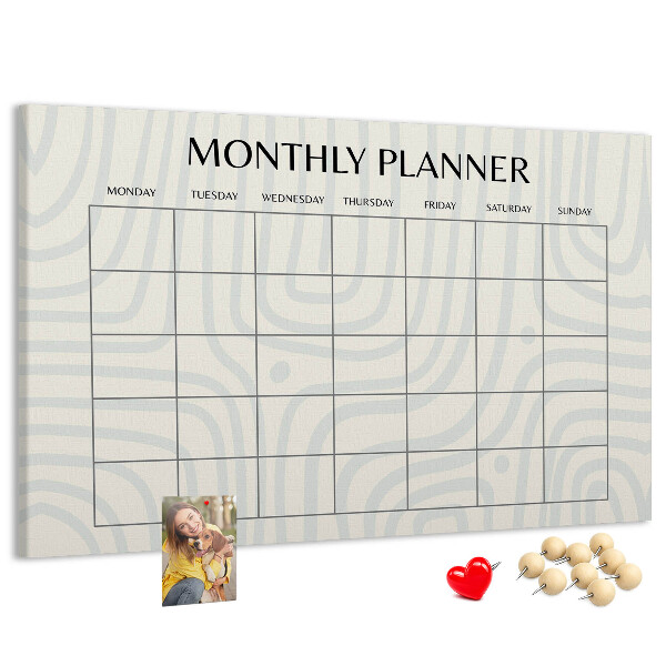 Tablero de corcho decorado agenda mensual con diseño minimalista