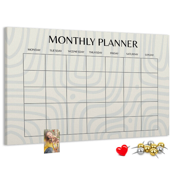 Tablero de corcho decorado agenda mensual con diseño minimalista