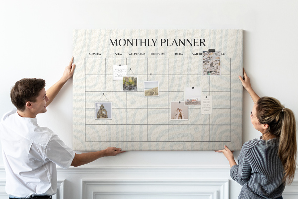 Tablero de corcho decorado agenda mensual con diseño minimalista