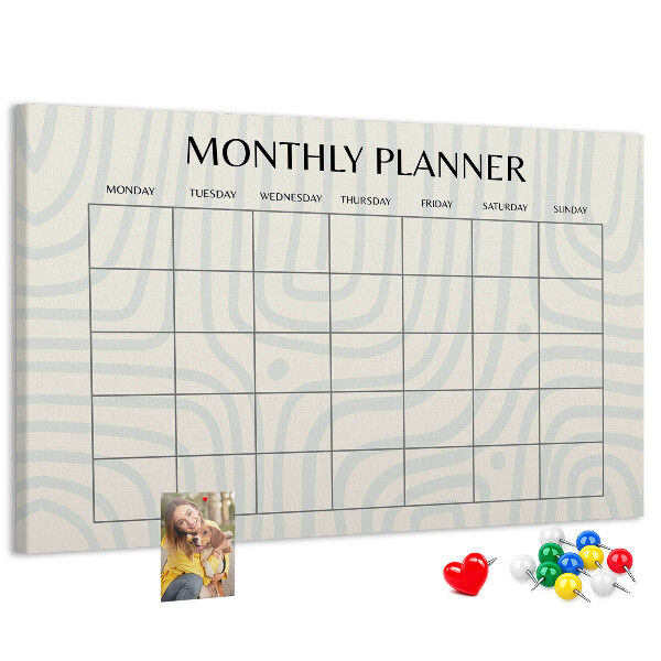 Tablero de corcho decorado agenda mensual con diseño minimalista