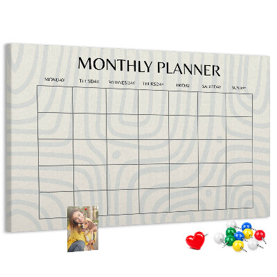 Tablero de corcho decorado agenda mensual con diseño minimalista