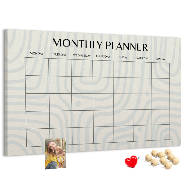 Tablero de corcho decorado agenda mensual con diseño minimalista
