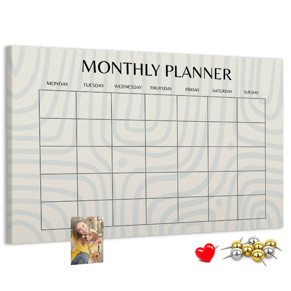 Tablero de corcho decorado agenda mensual con diseño minimalista