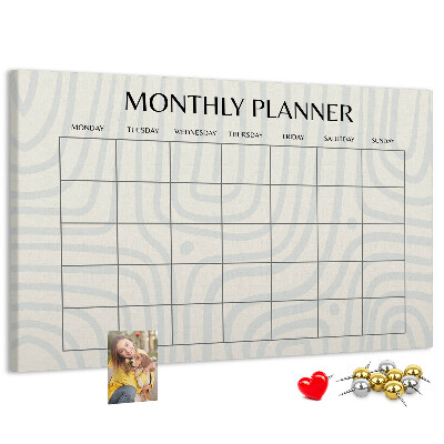 Tablero de corcho decorado agenda mensual con diseño minimalista