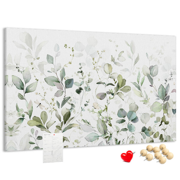 Tablero de corcho decorado con diseño de hojas delicadas en tonos apagados