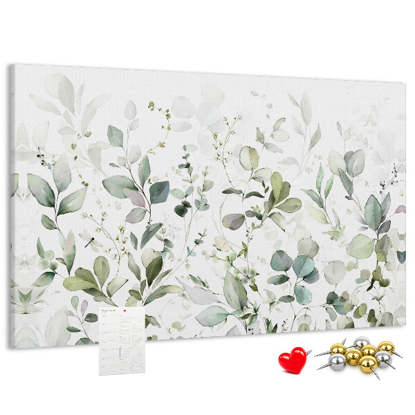 Tablero de corcho decorado con diseño de hojas delicadas en tonos apagados