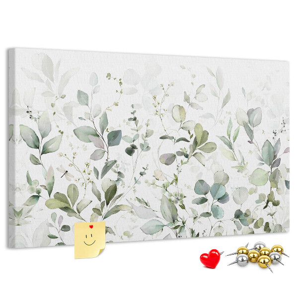 Tablero de corcho decorado con diseño de hojas delicadas en tonos apagados