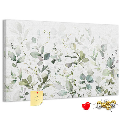 Tablero de corcho decorado con diseño de hojas delicadas en tonos apagados