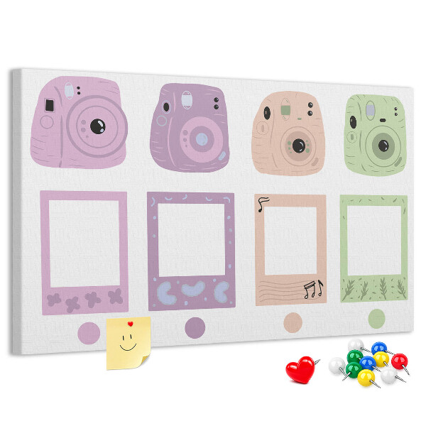 Tablero de anuncios con diseño de cámaras en tonos pastel