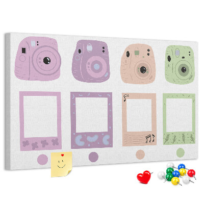 Tablero de anuncios con diseño de cámaras en tonos pastel