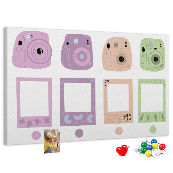 Tablero de anuncios con diseño de cámaras en tonos pastel