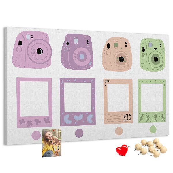 Tablero de anuncios con diseño de cámaras en tonos pastel