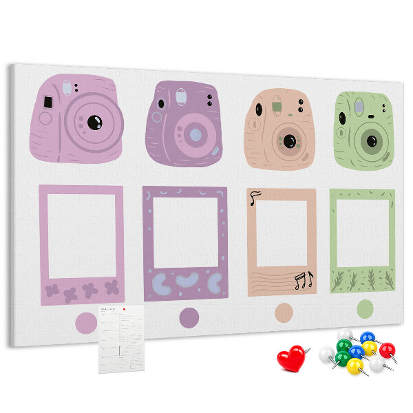 Tablero de anuncios con diseño de cámaras en tonos pastel