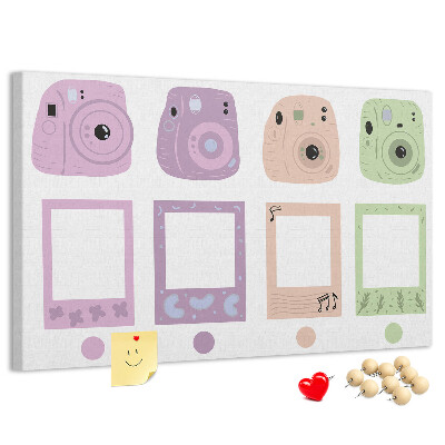 Tablero de anuncios con diseño de cámaras en tonos pastel