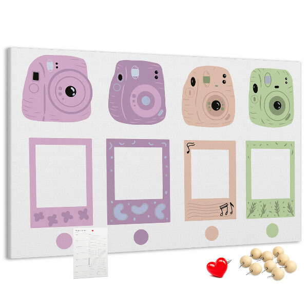 Tablero de anuncios con diseño de cámaras en tonos pastel