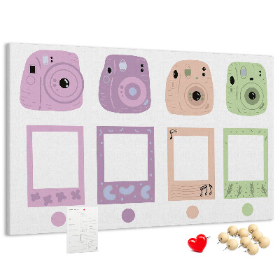 Tablero de anuncios con diseño de cámaras en tonos pastel