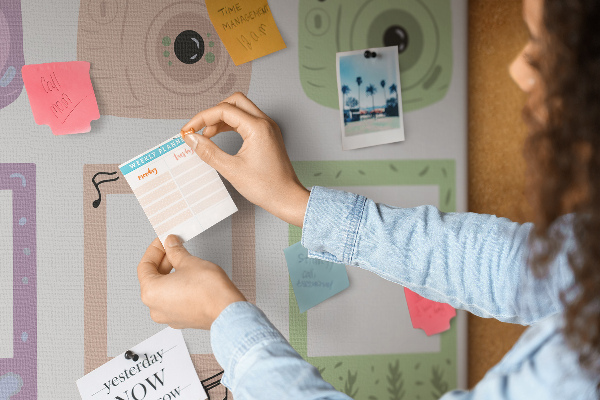 Tablero de anuncios con diseño de cámaras en tonos pastel