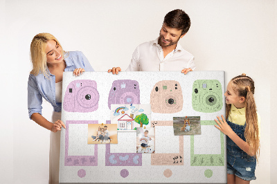 Tablero de anuncios con diseño de cámaras en tonos pastel